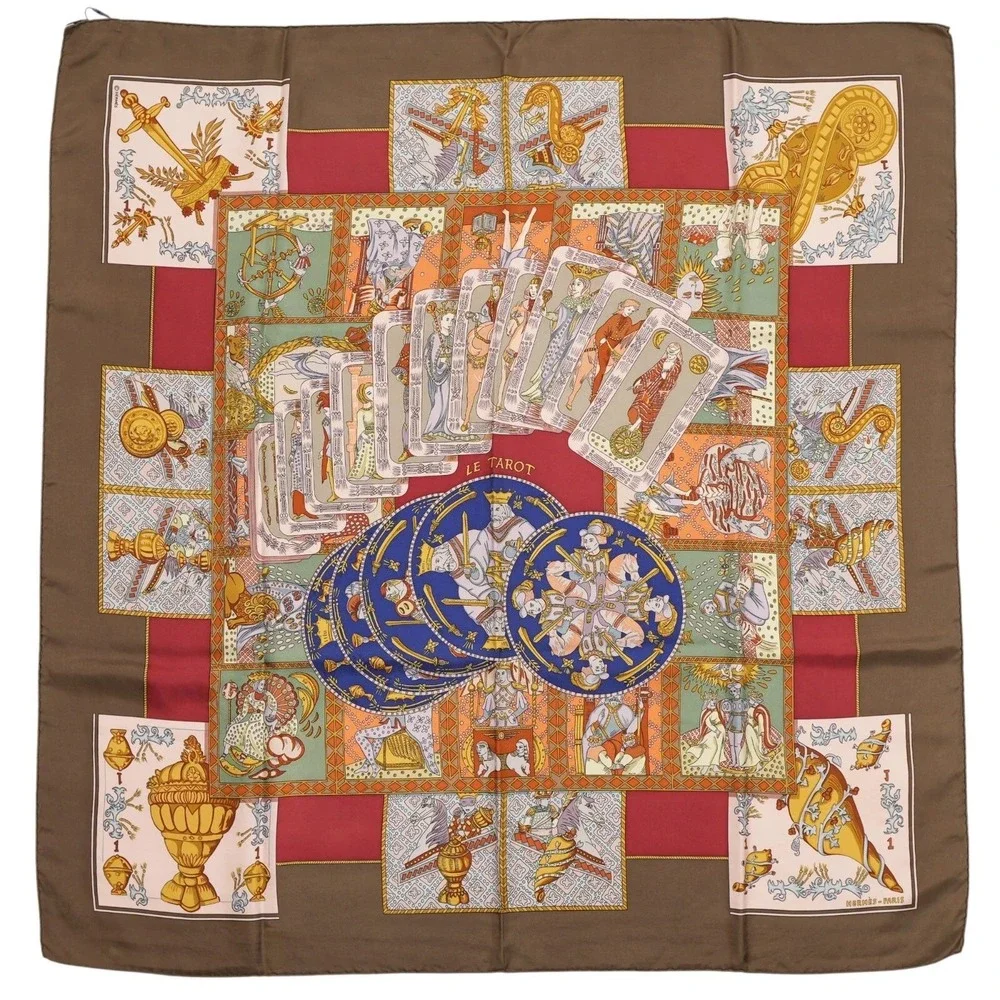 Hermès‎ Le Tarot 90cm Silk Scarf Annie Faivre Brown Gold Vintage Carre w/ Box
